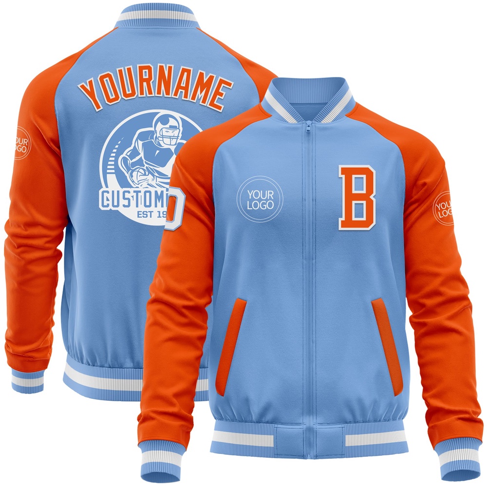 Custom Light Blue White Orange Bomber Varsity Baseball Jacket, Custom Team Jacket