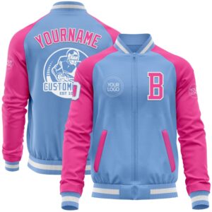 Custom Light Blue White Pink Bomber Varsity&hellip;