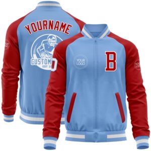 Custom Light Blue White Red Bomber Varsity&hellip;