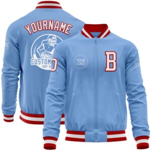 Custom Light Blue White Red Bomber Varsity&hellip;