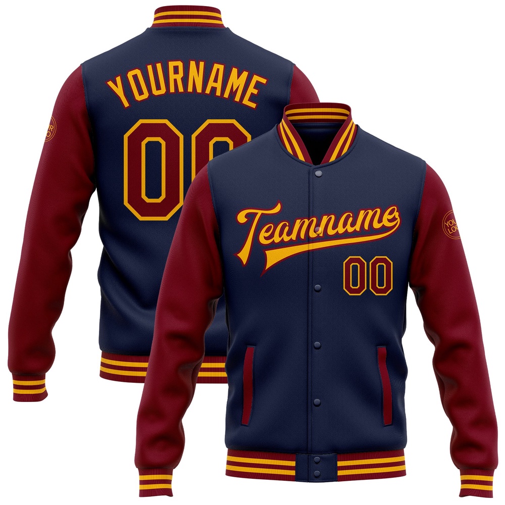 Custom Navy Crimson Gold Bomber Full Snap Varsity Baseball Jacket, Custom Team Jacket