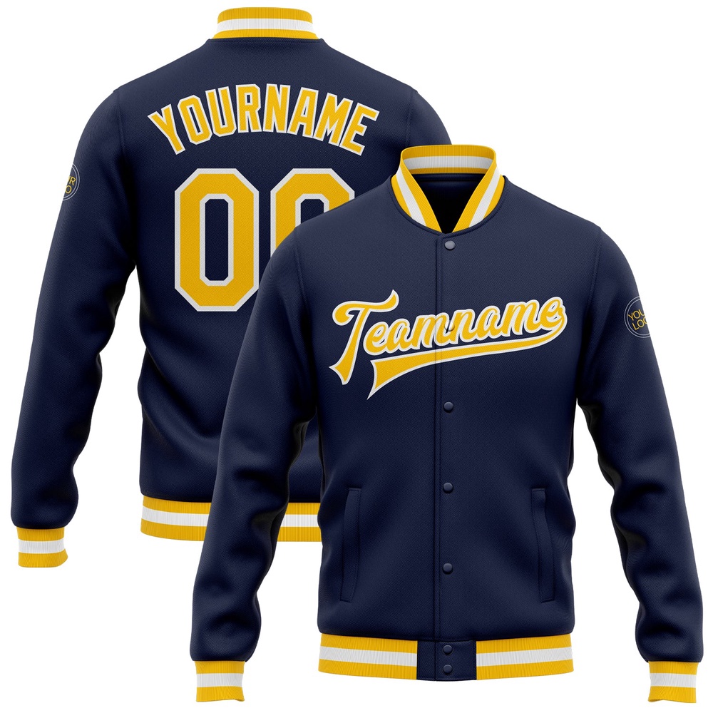Custom Navy Gold White Bomber Full Snap Baseball Jacket, Custom Team Jacket
