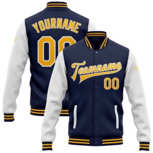 Custom Navy Gold White Bomber Full Snap&hellip;