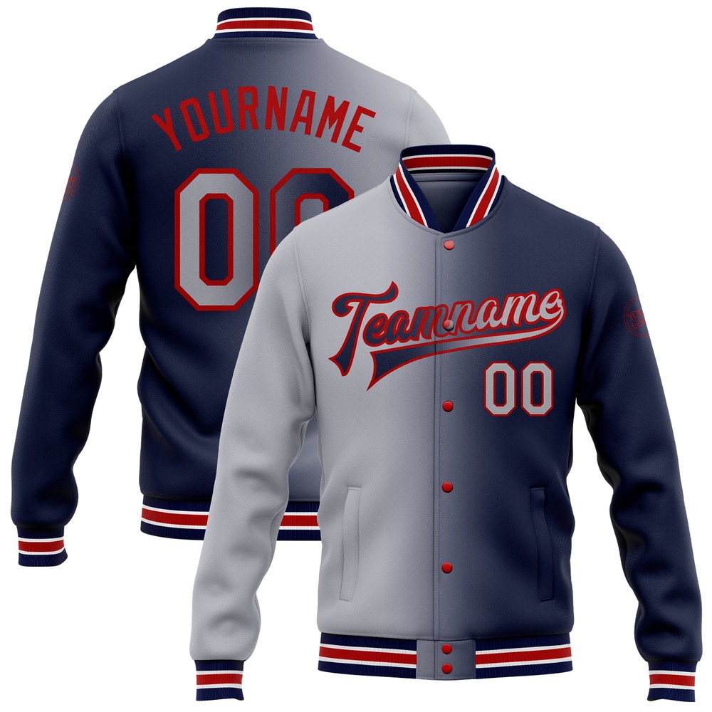 Custom Navy Gray Red Bomber Full Snap Varsity Letterman Gradient Fashion Jacket, Custom Team Jacket