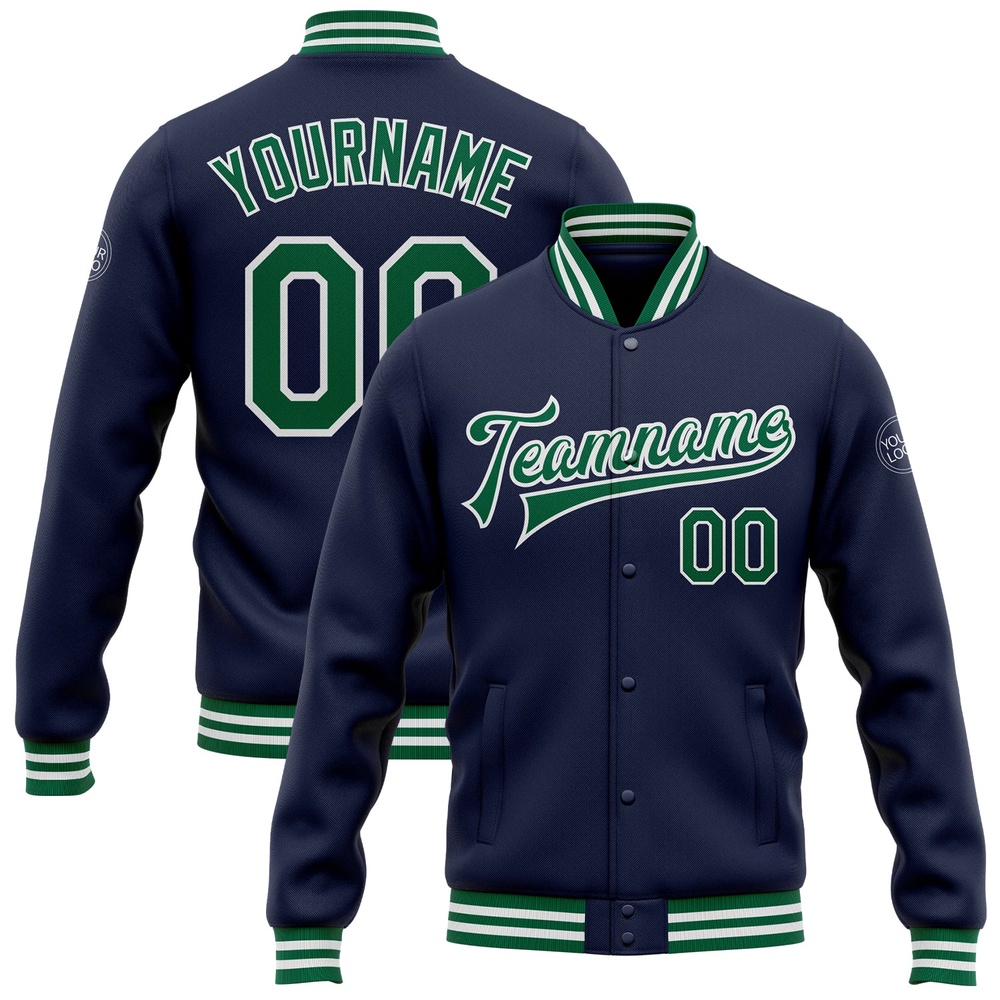 Custom Navy Kelly Green White Bomber Full Snap Baseball Jacket, Custom Team Jacket