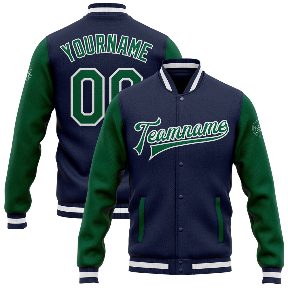 Custom Navy Kelly Green White Bomber Full Snap Varsity Baseball Jacket, Custom Team Jacket