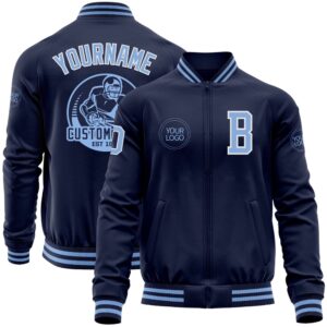 Custom Navy Light Blue White Bomber Varsity&hellip;