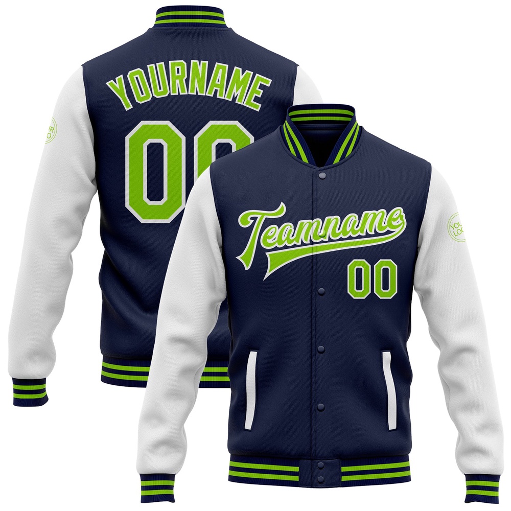 Custom Navy Neon Green White Bomber Full Snap Varsity Baseball Jacket, Custom Team Jacket