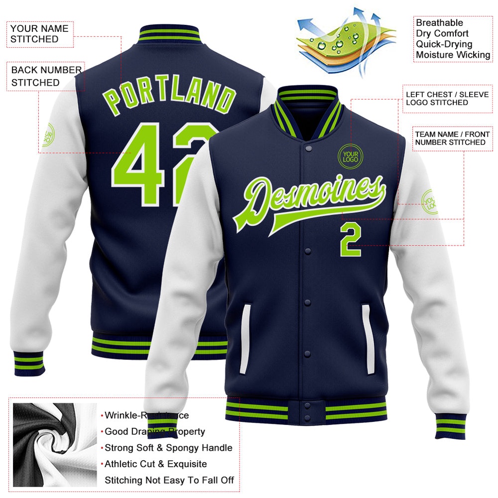 Custom Navy Neon Green White Bomber Full Snap Varsity Baseball Jacket, Custom Team Jacket