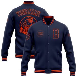 Custom Navy Orange Bomber Full Snap Baseball&hellip;