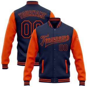 Custom Navy Orange Bomber Full Snap Varsity&hellip;