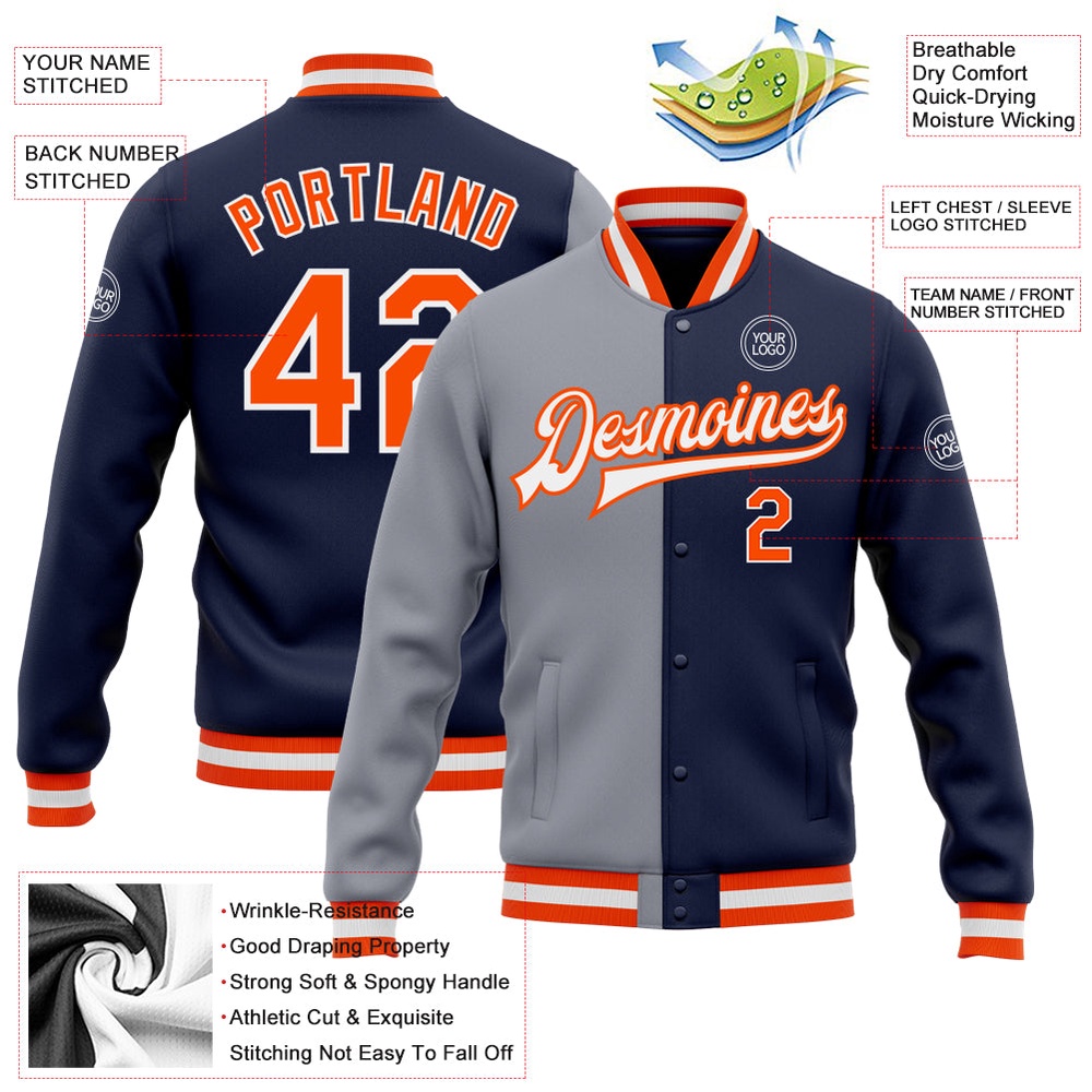 Custom Navy Orange Gray Bomber Full Snap Varsity Letterman Split Fashion Jacket, Custom Team Jacket