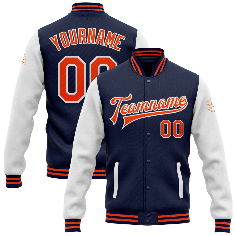 Custom Navy Orange White Bomber Full Snap Varsity Baseball Jacket, Custom Team Jacket