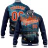 Custom Navy Pink White Bomber Full Snap Baseball Jacket, Custom Team Jacket