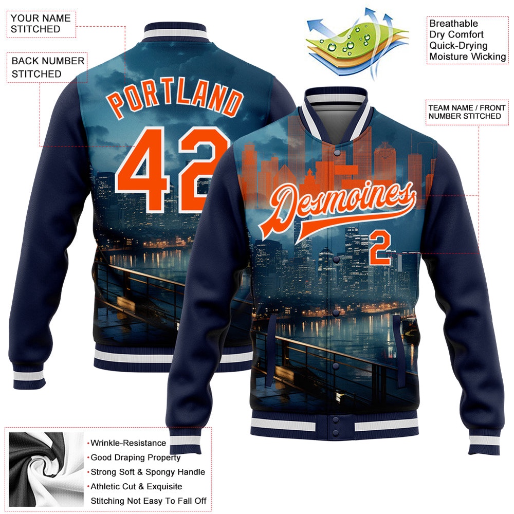 Custom Navy Orange White Houston Texas City Edition 3D Bomber Full Snap Baseball Jacket, Custom Team Jacket