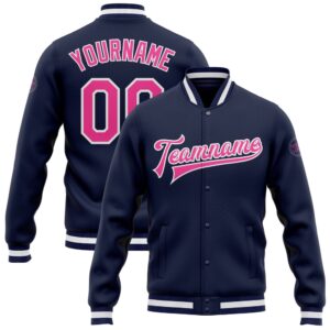 Custom Navy Pink White Bomber Full Snap&hellip;