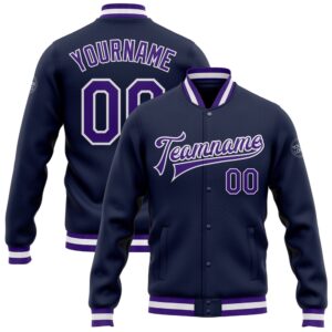 Custom Navy Purple White Bomber Full Snap&hellip;