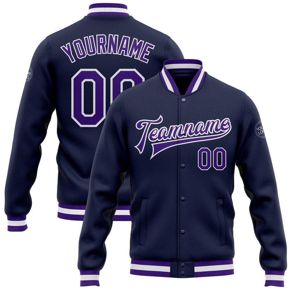 Custom Navy Purple White Bomber Full Snap Baseball Jacket, Custom Team Jacket