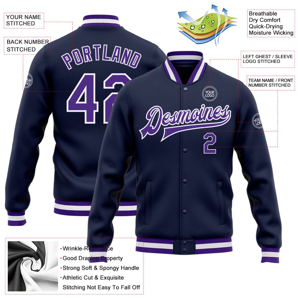 Custom Navy Purple White Bomber Full Snap Baseball Jacket, Custom Team Jacket