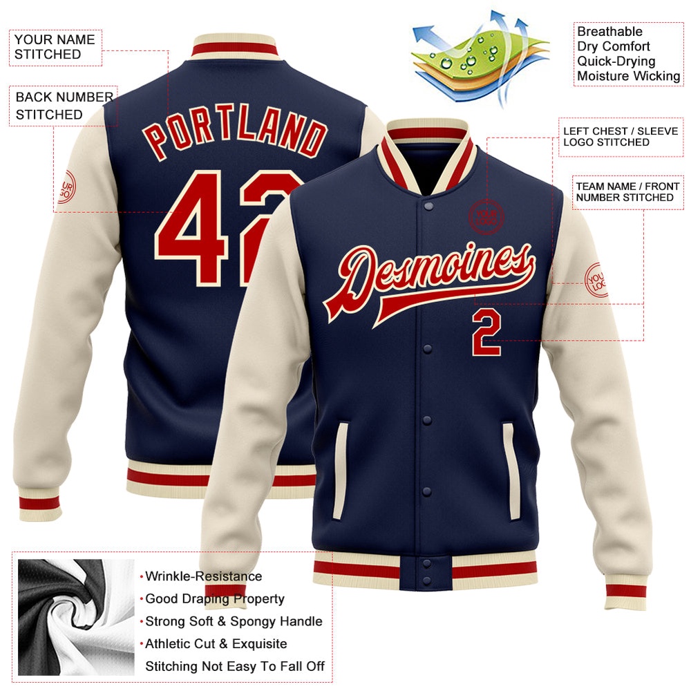 Custom Navy Red Cream Bomber Full Snap Varsity Baseball Jacket, Custom Team Jacket
