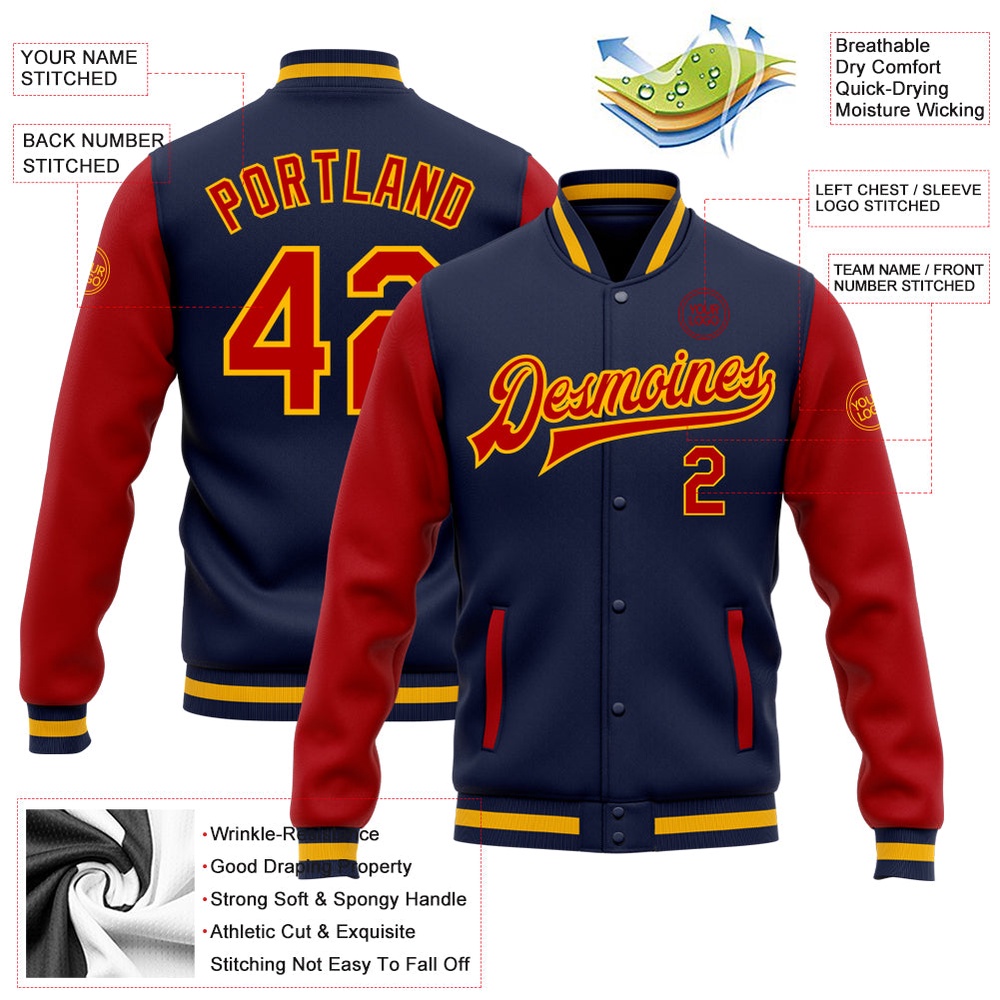 Custom Navy Red Gold Bomber Full Snap Varsity Baseball Jacket, Custom Team Jacket