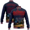 Custom Navy Red White Bomber Full Snap Baseball Jacket, Custom Team Jacket