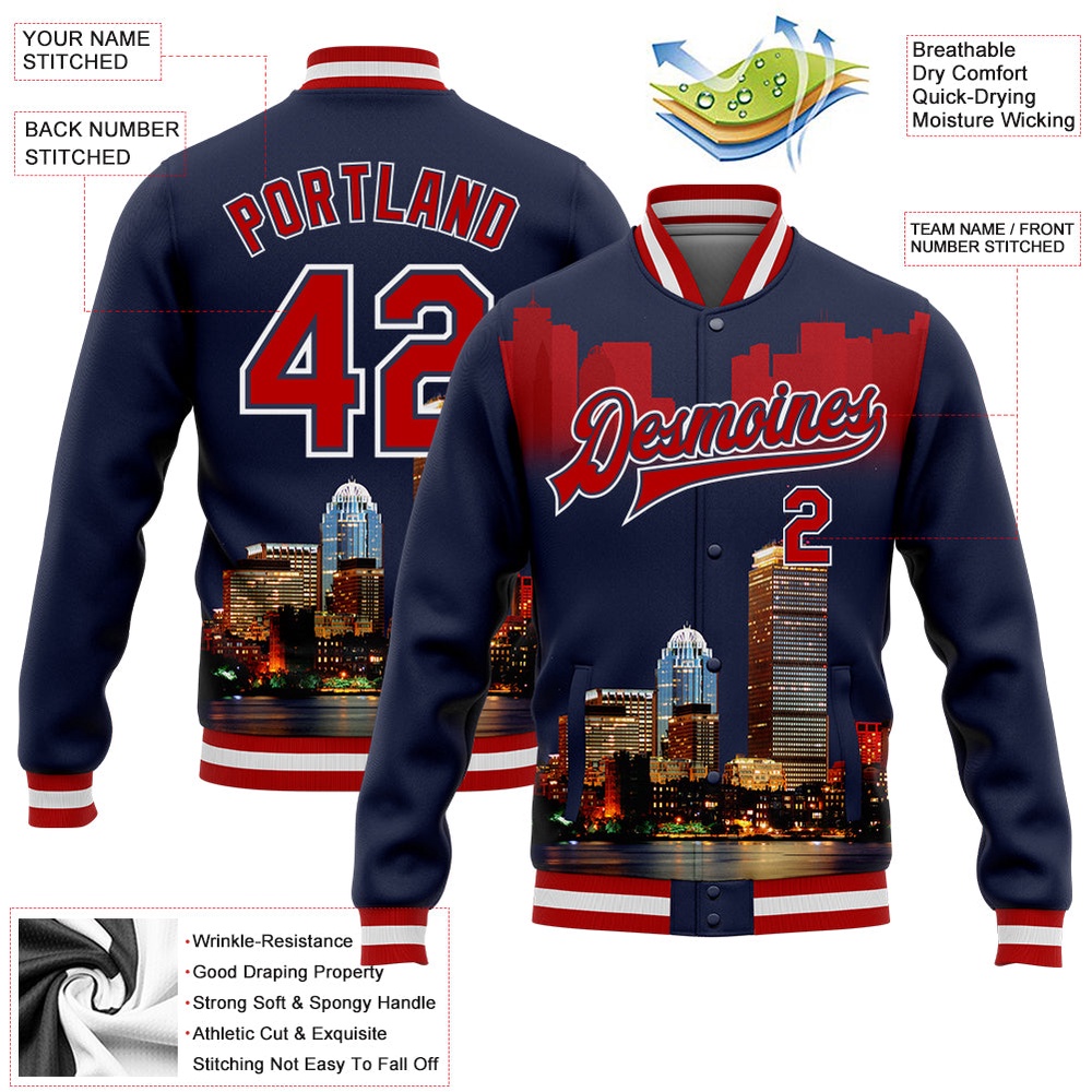 Custom Navy Red White Boston Massachusetts City Edition 3D Bomber Full Snap Baseball Jacket, Custom Team Jacket