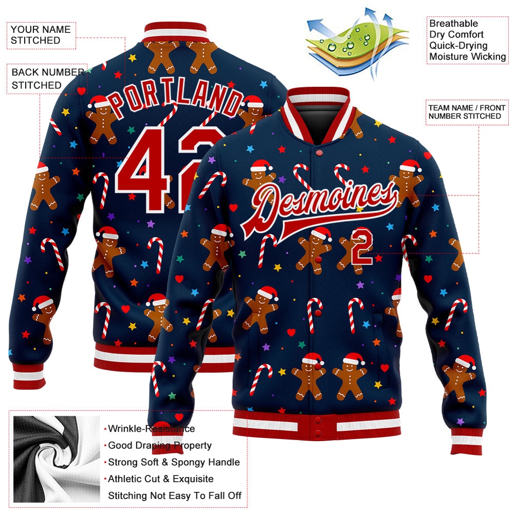 Custom Navy Red White Christmas 3D Bomber Full Snap Baseball Jacket, Custom Team Jacket
