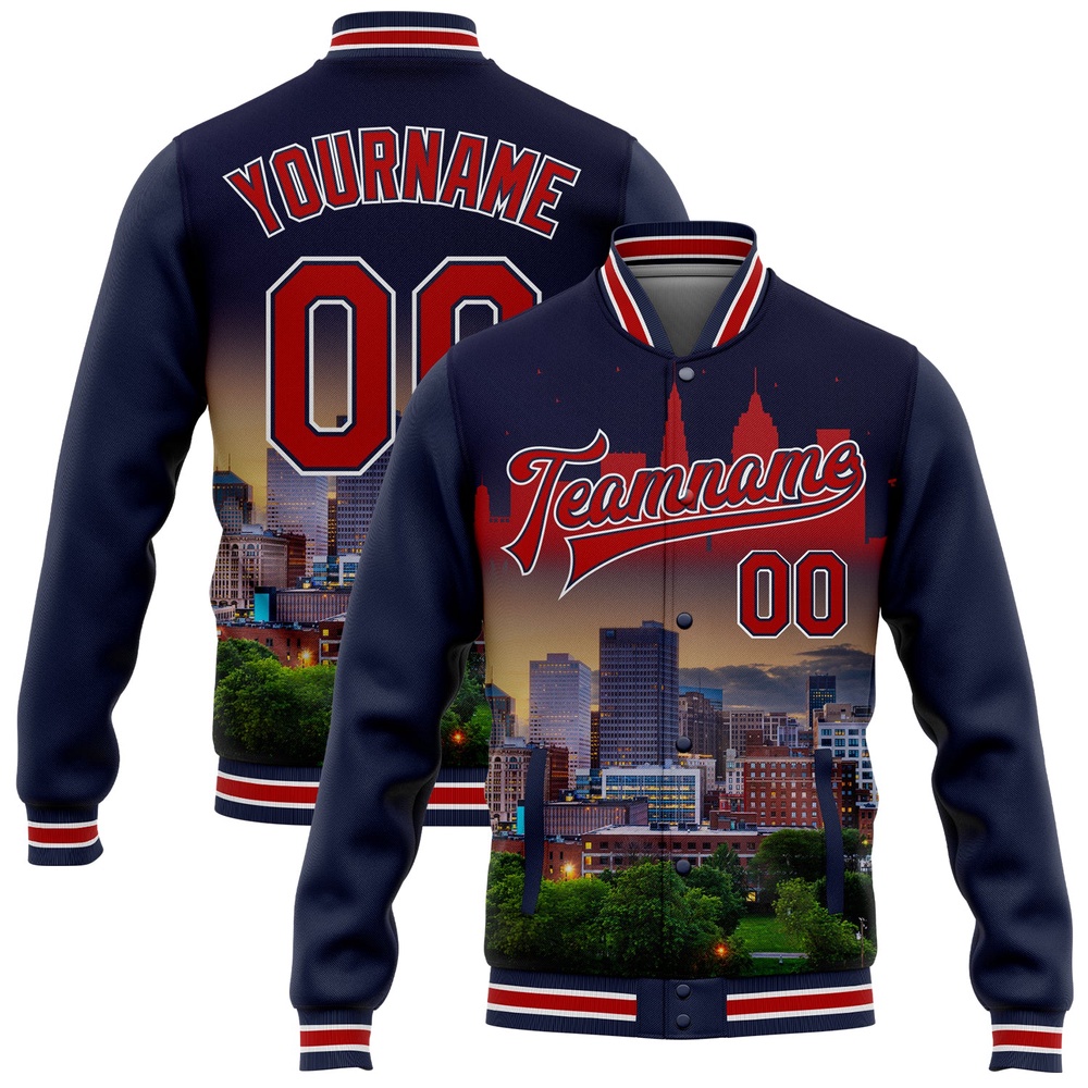 Custom Navy Red White Cleveland Ohio City Edition 3D Bomber Full Snap Baseball Jacket, Custom Team Jacket