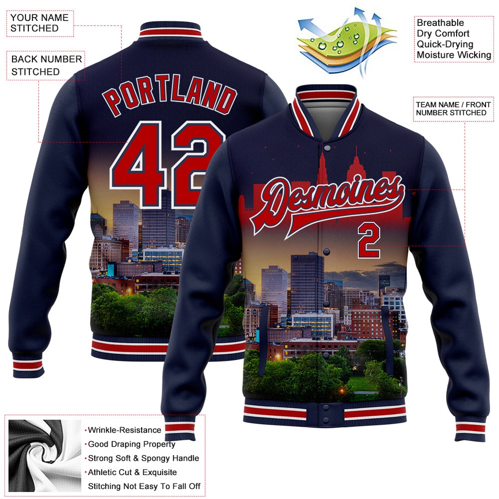 Custom Navy Red White Cleveland Ohio City Edition 3D Bomber Full Snap Baseball Jacket, Custom Team Jacket