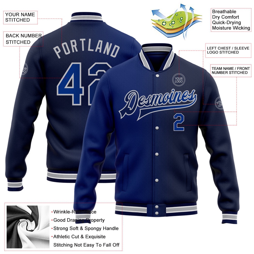 Custom Navy Royal Gray Bomber Full Snap Varsity Letterman Gradient Fashion Jacket, Custom Team Jacket