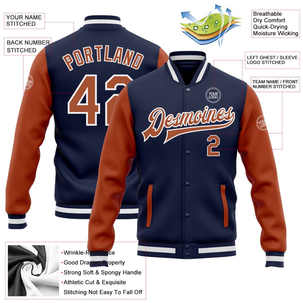 Custom Navy Texas Orange White Bomber Full Snap Varsity Baseball Jacket, Custom Team Jacket