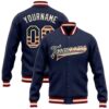 Custom Navy Vintage USA Flag Maroon Gold Bomber Full Snap Varsity Letterman Gradient Fashion Jacket, Custom Team Jacket