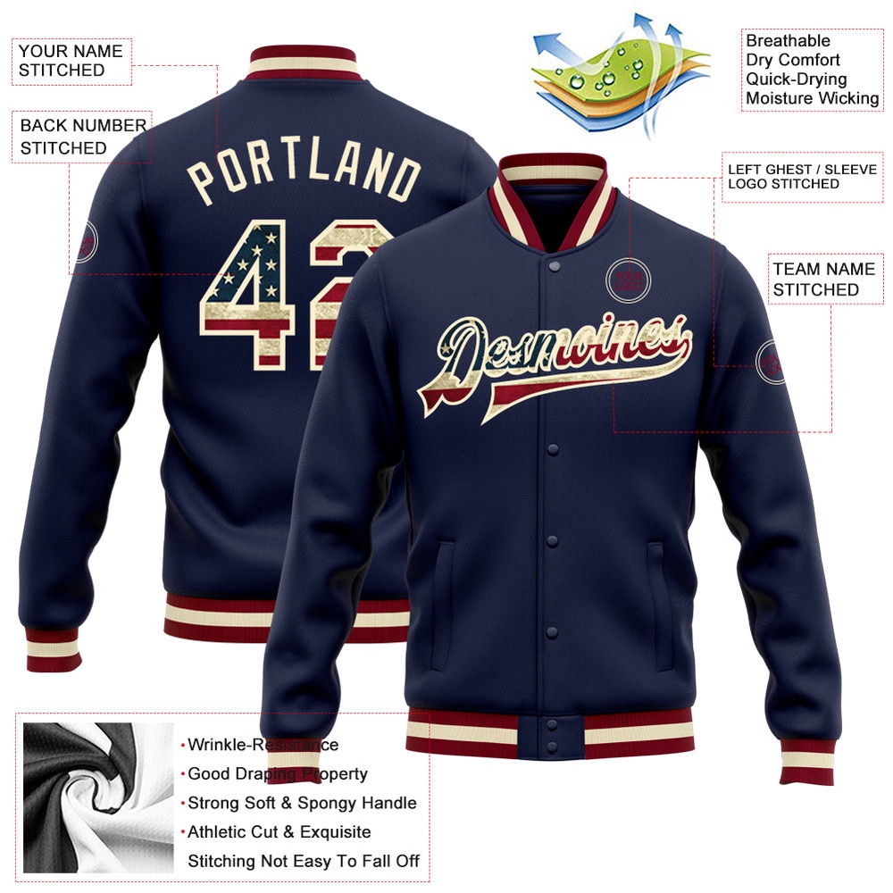 Custom Navy Vintage USA Flag Cream Bomber Full Snap Baseball Jacket, Custom Team Jacket