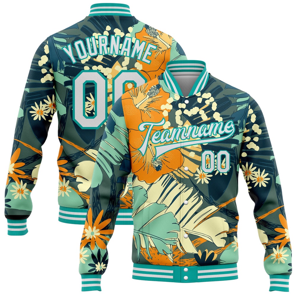 Custom Navy White Aqua Flowers 3D Pattern Design Bomber Full Snap Baseball Jacket, Custom Team Jacket