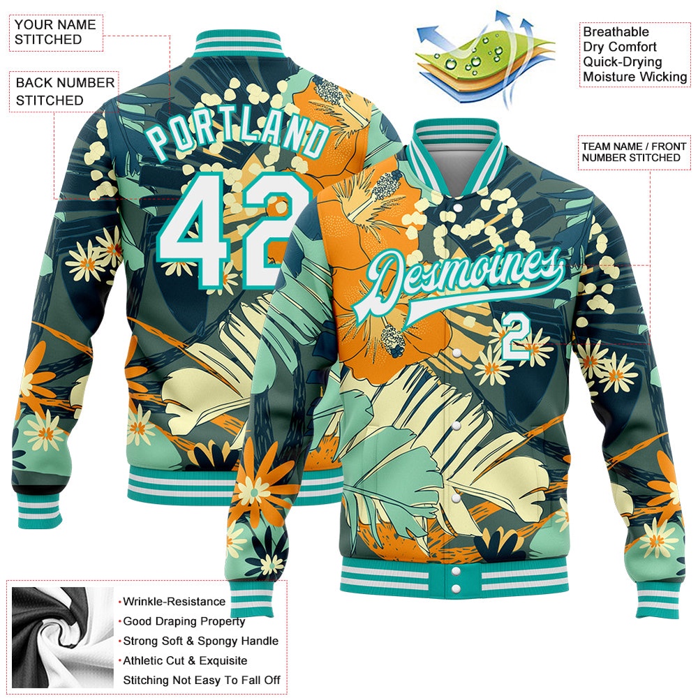 Custom Navy White Aqua Flowers 3D Pattern Design Bomber Full Snap Baseball Jacket, Custom Team Jacket