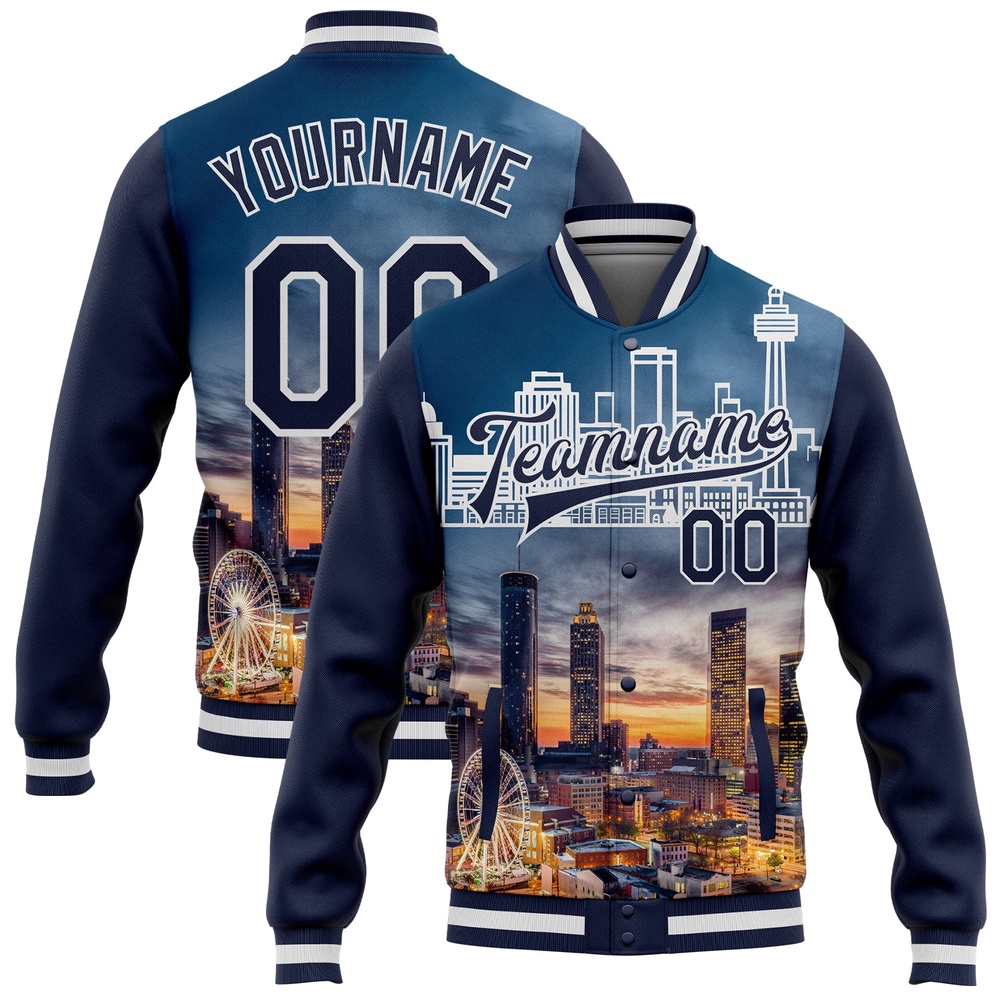 Custom Navy White Atlanta Georgia City Edition 3D Bomber Full Snap Baseball Jacket, Custom Team Jacket