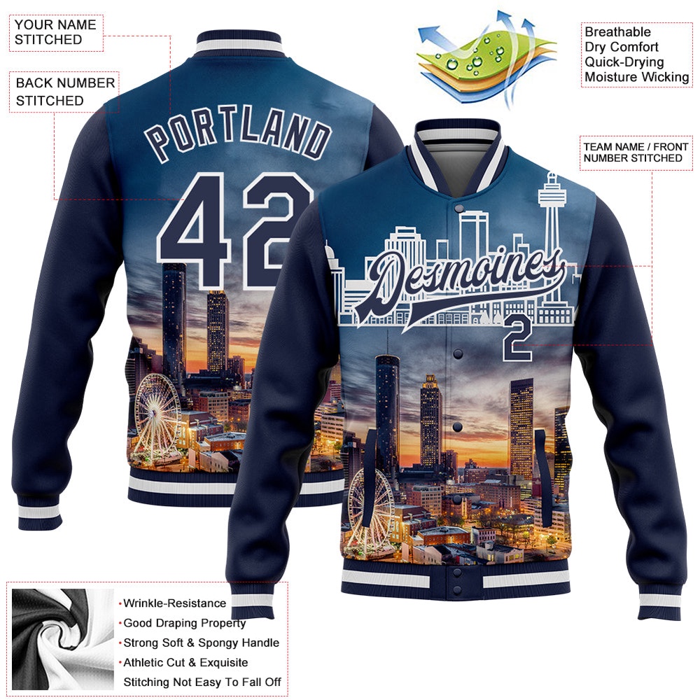 Custom Navy White Atlanta Georgia City Edition 3D Bomber Full Snap Baseball Jacket, Custom Team Jacket