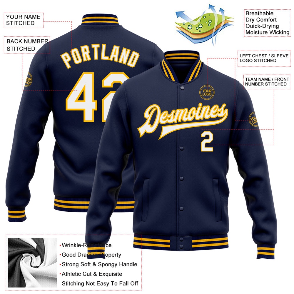 Custom Navy White Gold Bomber Full Snap Baseball Jacket, Custom Team Jacket