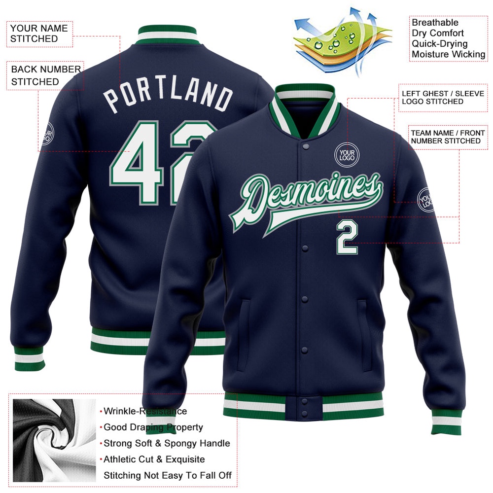 Custom Navy White Kelly Green Gray Bomber Full Snap Baseball Jacket, Custom Team Jacket