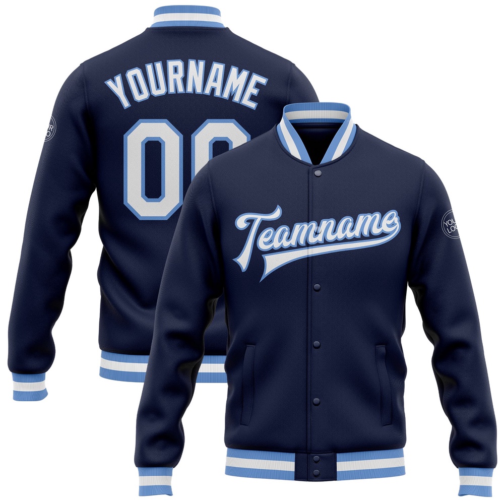 Custom Navy White Light Blue Bomber Full Snap Baseball Jacket, Custom Team Jacket