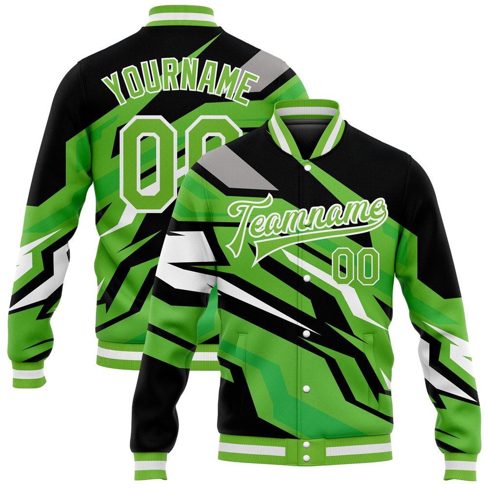 Custom Neon Green Neon Green Black Gray 3D Pattern Design Bomber Full Snap Baseball Jacket, Custom Team Jacket