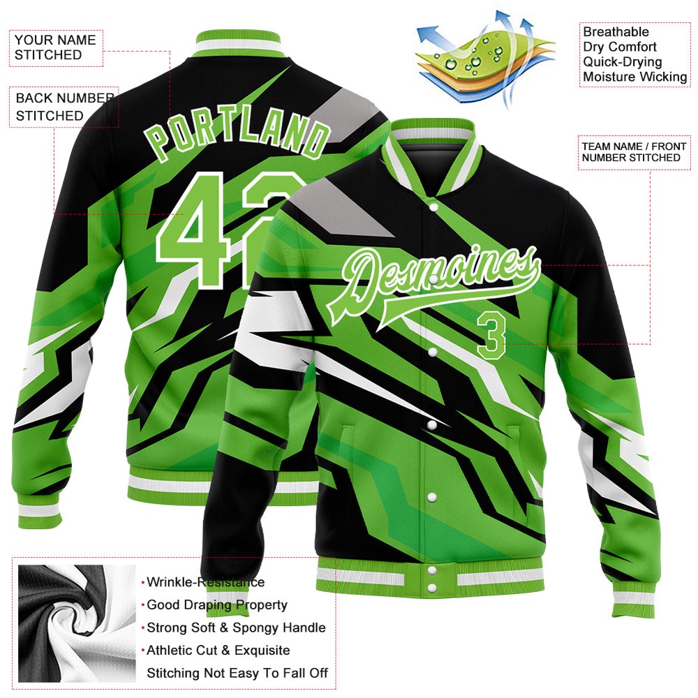Custom Neon Green Neon Green Black Gray 3D Pattern Design Bomber Full Snap Baseball Jacket, Custom Team Jacket