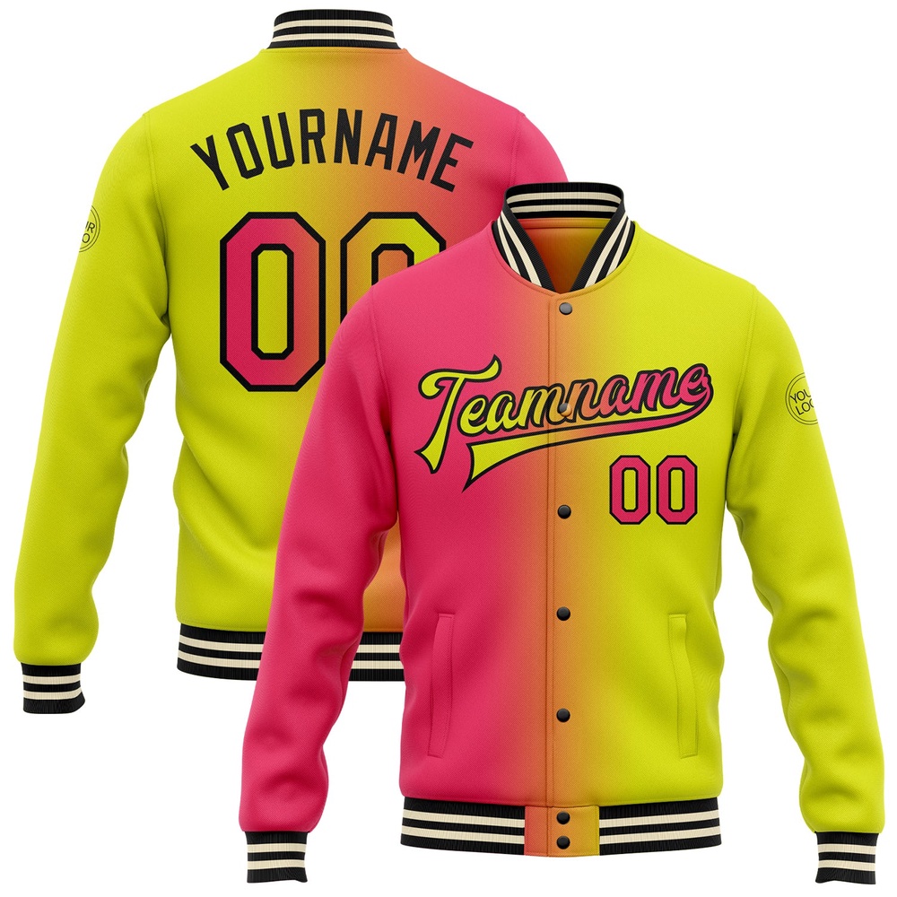 Custom Neon Yellow Neon Pink Black Bomber Full Snap Varsity Letterman Gradient Fashion Jacket, Custom Team Jacket