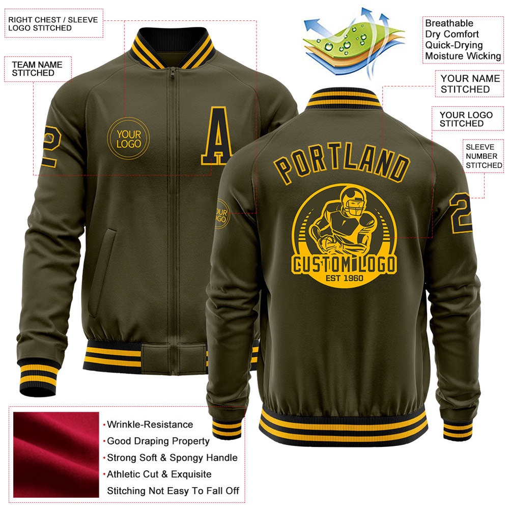 Custom Olive Black Gold Bomber Varsity Letterman Salute To Service Zipper Jacket, Custom Team Jacket