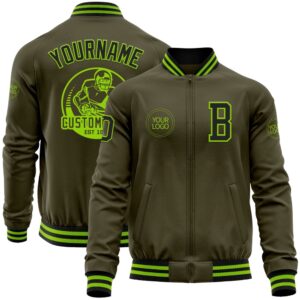 Custom Olive Black Neon Green Bomber Varsity&hellip;