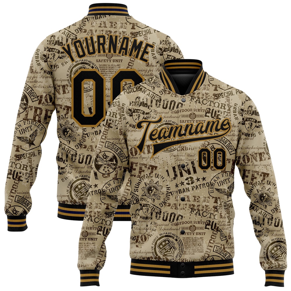 Custom Olive Black Old Gold Military Badge 3D Pattern Design Bomber Full Snap Varsity Letterman Salute To Service Jacket, Custom Team Jacket