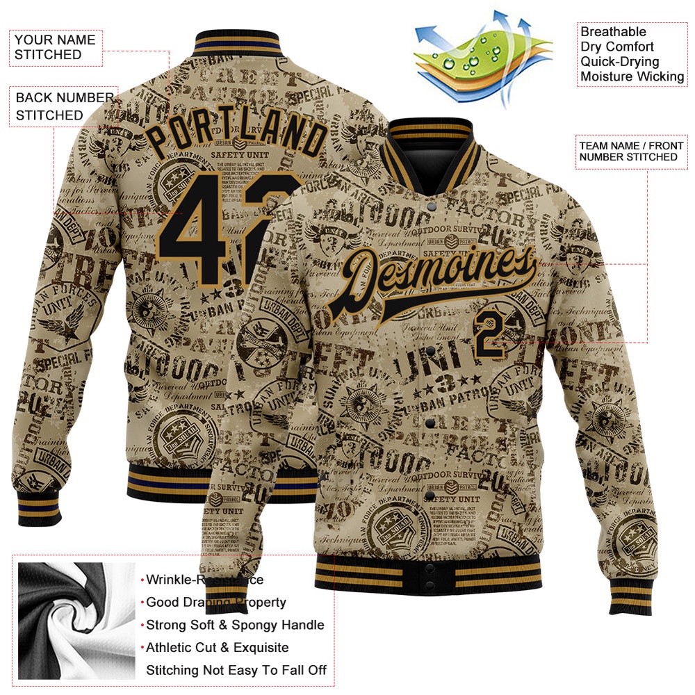 Custom Olive Black Old Gold Military Badge 3D Pattern Design Bomber Full Snap Varsity Letterman Salute To Service Jacket, Custom Team Jacket