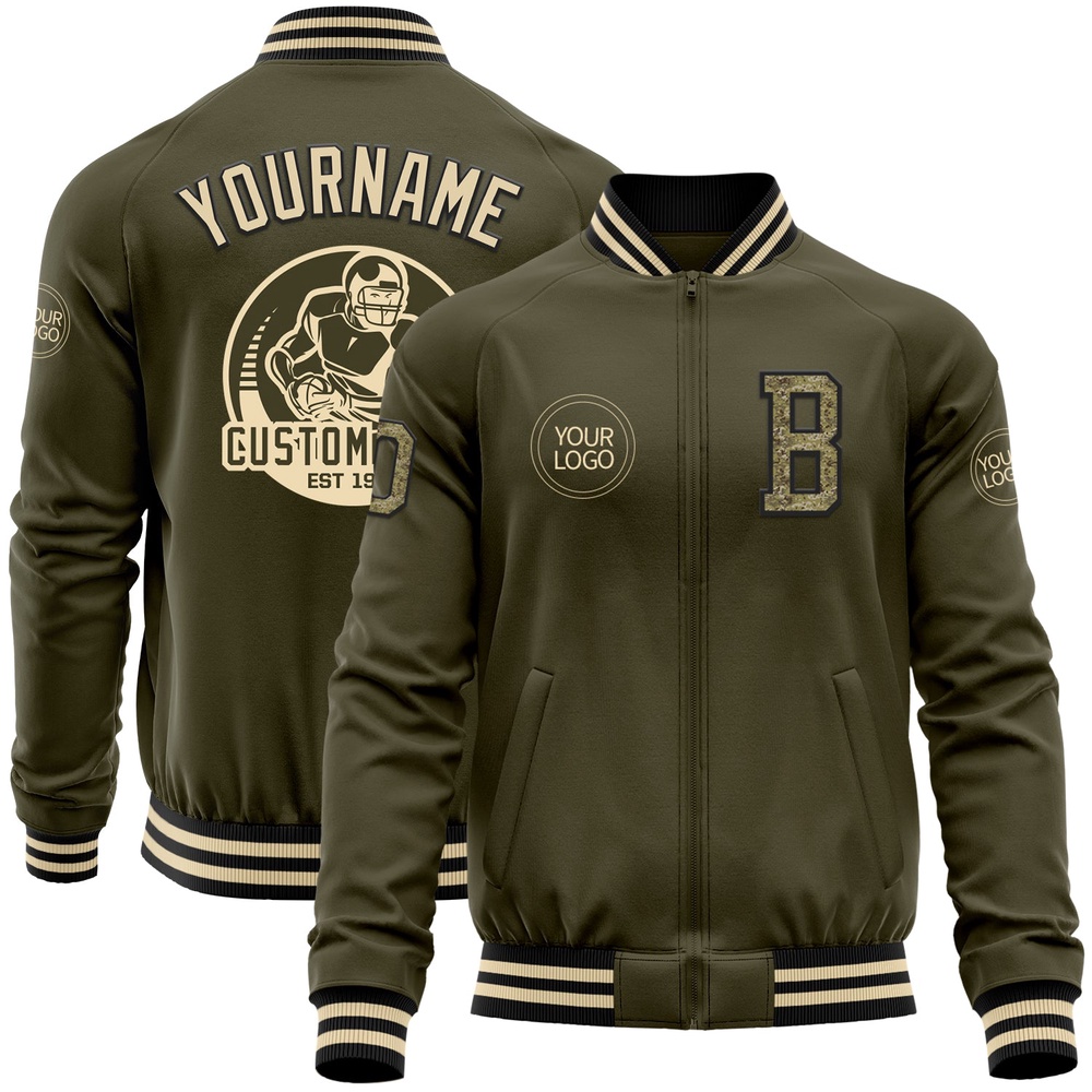 Custom Olive Camo Black Cream Bomber Varsity Letterman Salute To Service Zipper Jacket, Custom Team Jacket