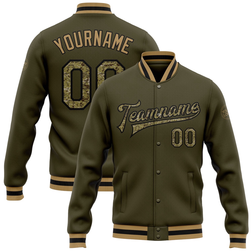 Custom Olive Camo Black Old Gold Bomber Full Snap Varsity Letterman Salute To Service Jacket, Custom Team Jacket